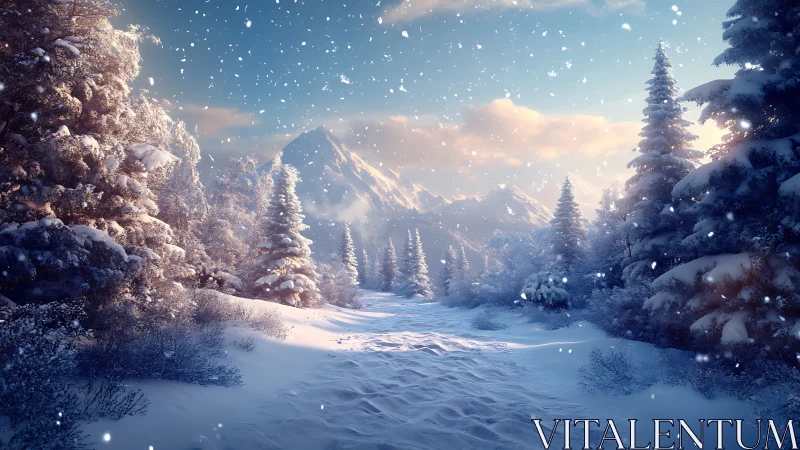 Digital painting of alpine winter forest with receding path.