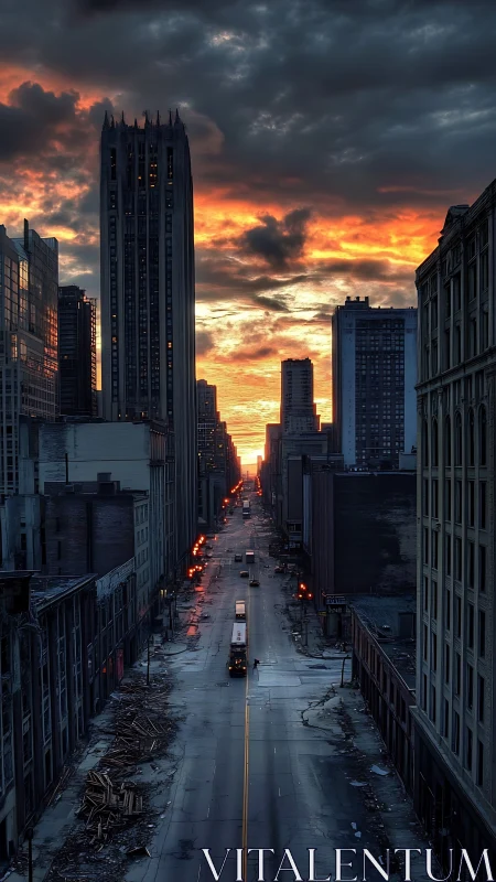 Deserted downtown street under dramatic sunset sky.