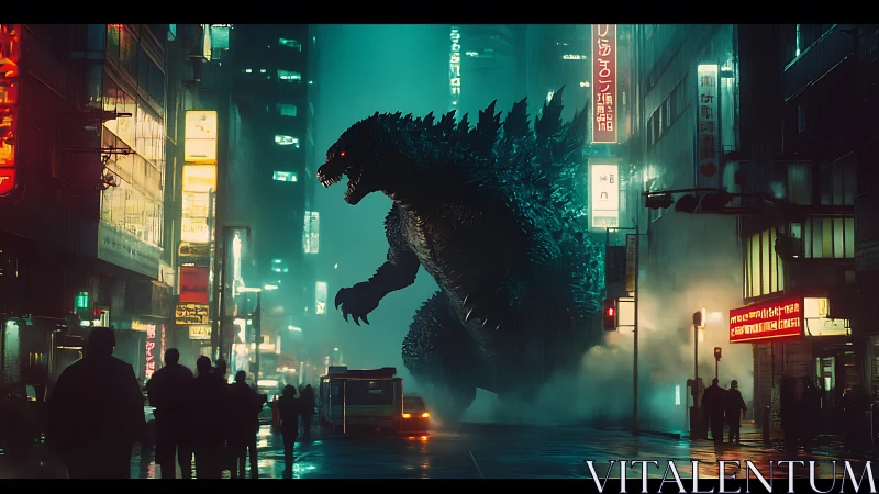 Giant reptilian kaiju invades neon city street at night.
