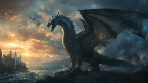 Stormlit dragon overlooking burning coastal citadel at dusk.