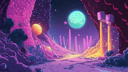 Bioluminescent alien canyon under dual planetary sky at dusk