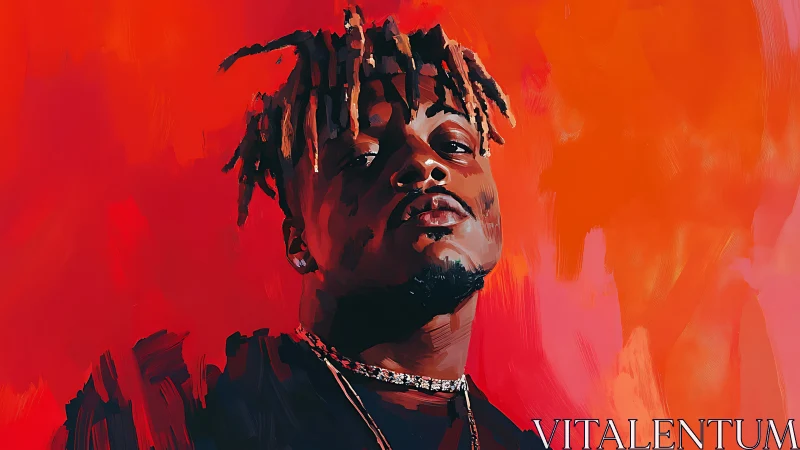 Bold portrait glows against a fiery red painted backdrop