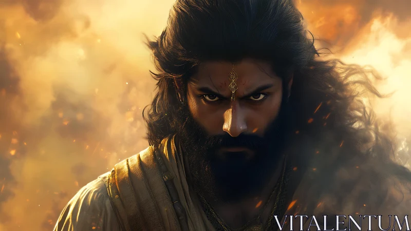 Warrior portrait in blazing golden smoke and embers.