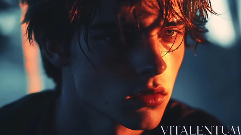 Oblique close-up portrait using dual warm–cool cinematic lighting