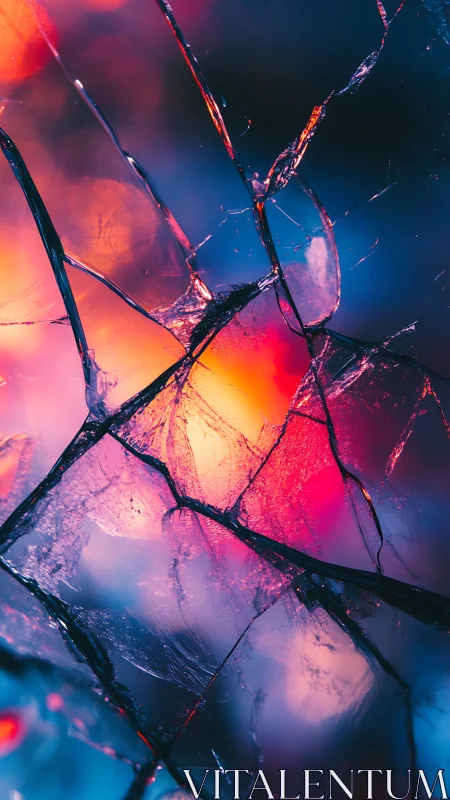 Cracked glass closeup with neon blue and orange bokeh background.