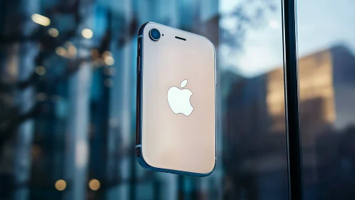 White iPhone 3G suspended against urban skyline backdrop.