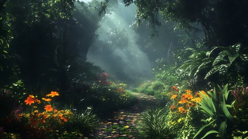 Misty Forest Path with Blooming Orange Flowers