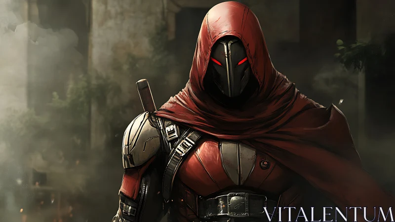 Hooded cyber warrior stands in ruins under swirling smoke