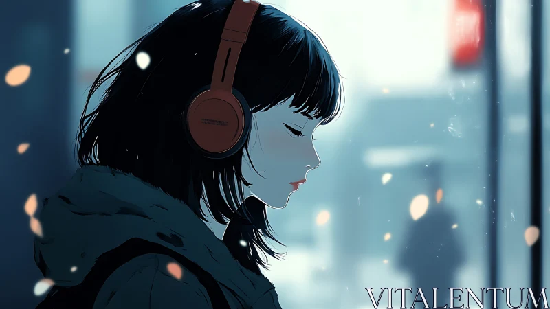 Girl with headphones walking through soft blue city light.