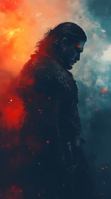 Warrior silhouette divides infernal fire and glacial mist