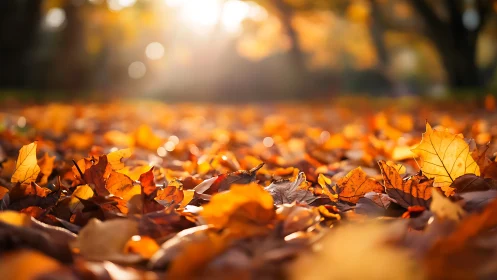 Golden autumn leaves glow softly in warm afternoon light