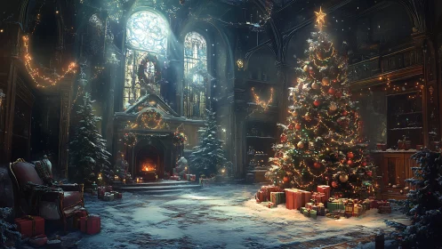 Grand interior hall with illuminated Christmas tree and gifts.