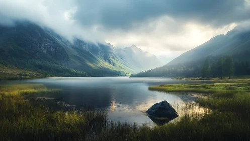 Mountain lake reflects misty valley under diffused sunlight