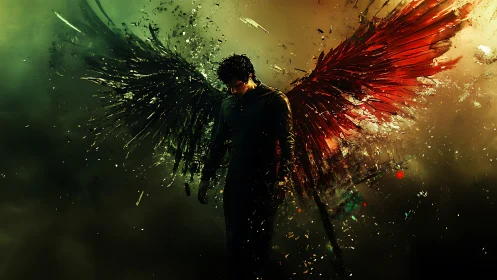 Dark winged figure with shattered red and black wings.