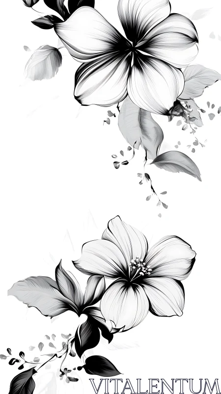 Elegant Black and White Botanical Illustration with Floating Petals