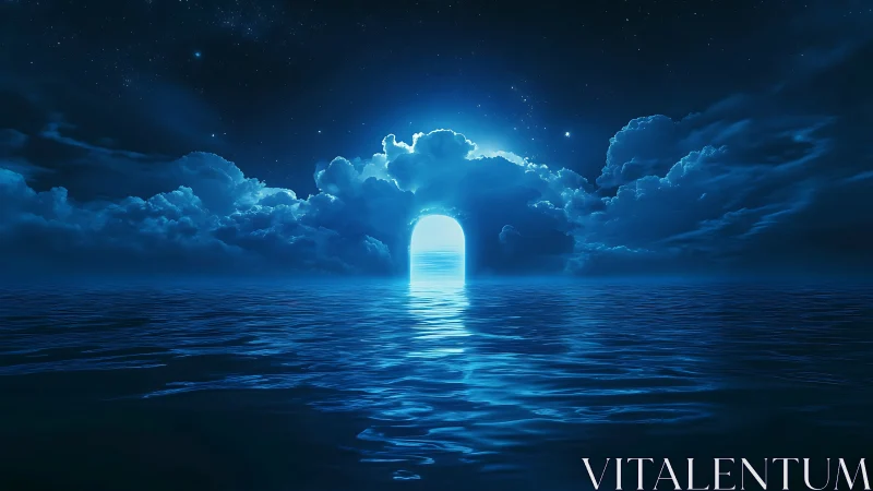 Luminous ocean portal opens beneath a tranquil starry sky