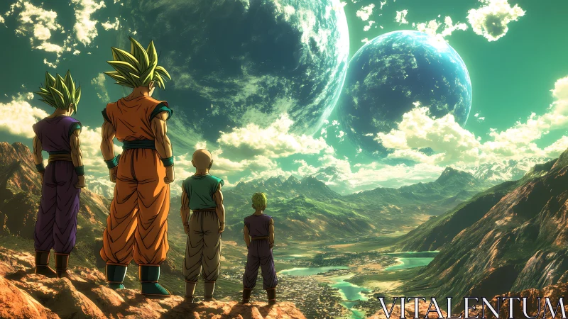 Saiyan warriors gaze toward twin planets over vast valley