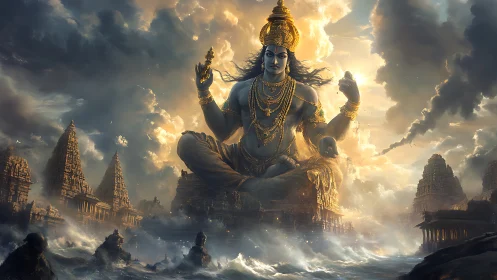 Storm-lit cosmic deity meditating above drowned temples.