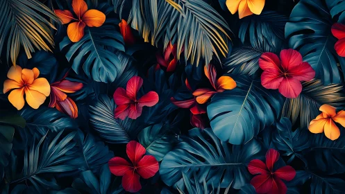 Tropical Floral Composition with Hibiscus and Monstera in High Saturation Contrast