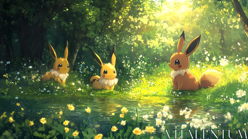 Sunlit forest pond frames three stylized fox-like creatures