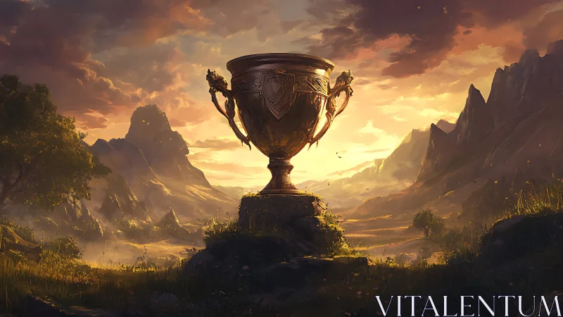 Giant ornate trophy stands centered in a sunlit valley