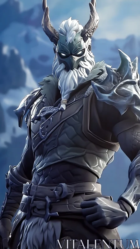 Armored ice warlord in stylized 3D fantasy character render.