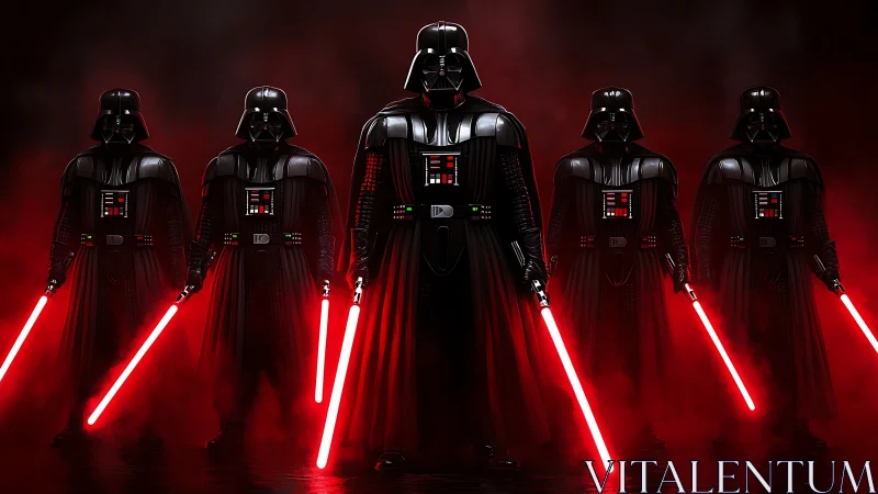 Symmetrical dark warriors aligned in cinematic red haze