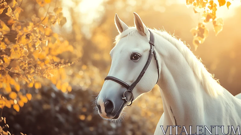 White horse in side profile stands against backlit foliage
