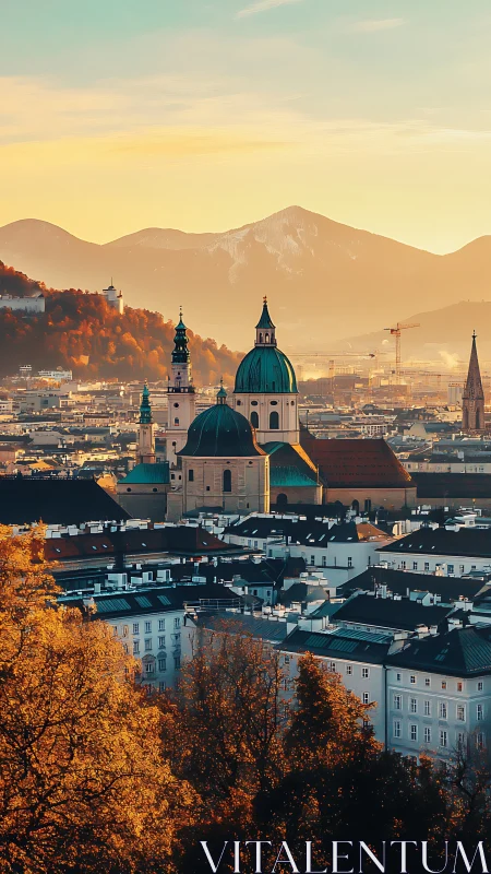 Golden hour over domes and rooftops in alpine Salzburg.
