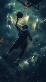 Starry sky slam dunk where hoops and cosmos collide.