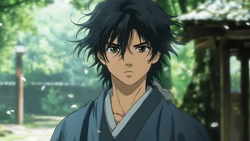 Stoic anime swordsman in serene garden of drifting petals.