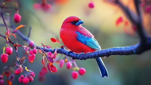 Vibrant red and blue bird on branch, colorful nature photography.