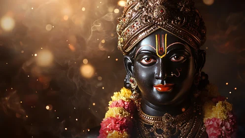 Black stone deity sculpture with garlands and ornaments.