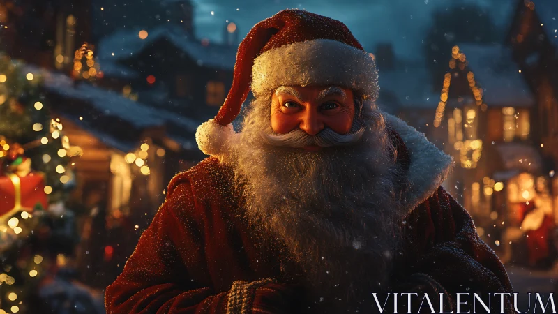 Cinematic Santa Claus portrait in snowy village bokeh lighting
