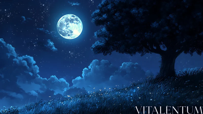 Lunar-illuminated hillside meadow with silhouetted tree at night