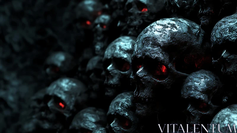 Stacked metallic skulls with red glowing eye sockets.