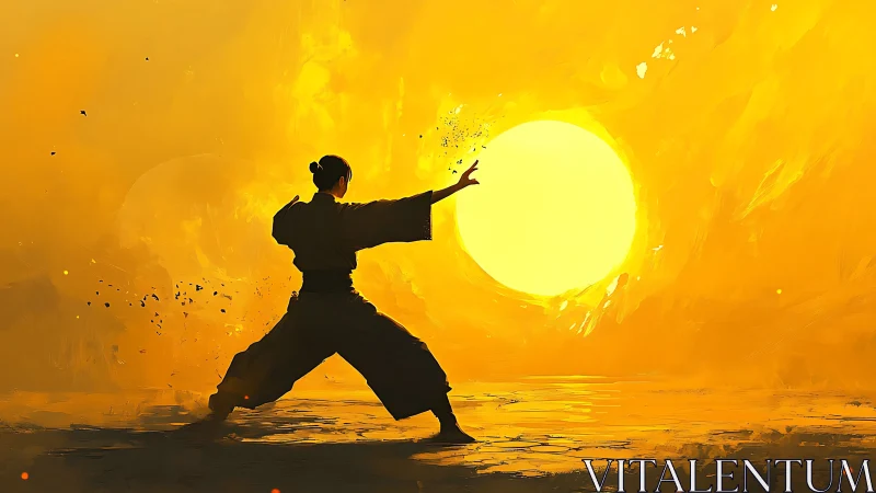 Martial artist channels radiant sun energy in molten light