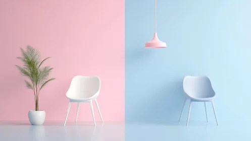 Minimal interior with chairs on split pink blue background.