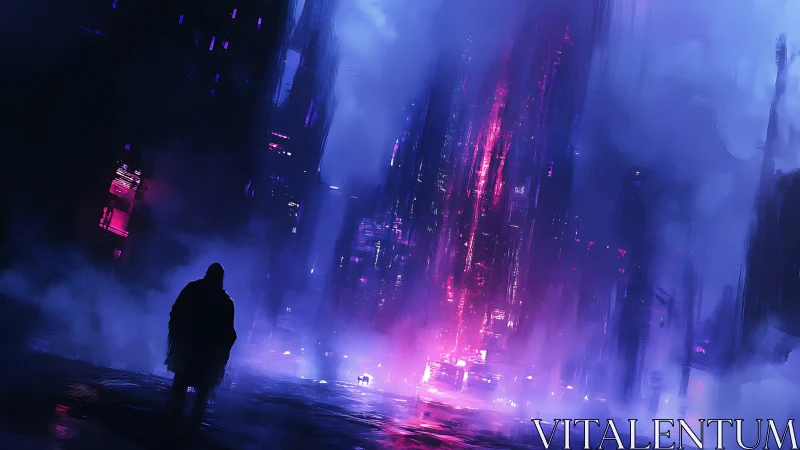Lone figure walks through neon-soaked cyberpunk megacity night.