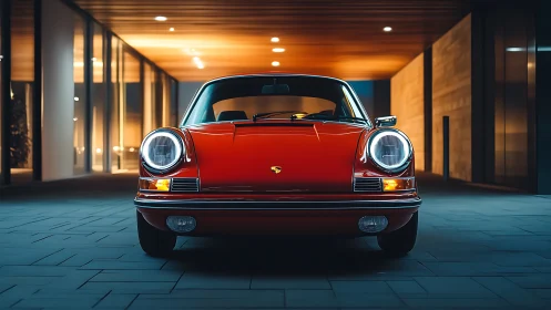 Front view of red classic coupe under warm canopy lighting.