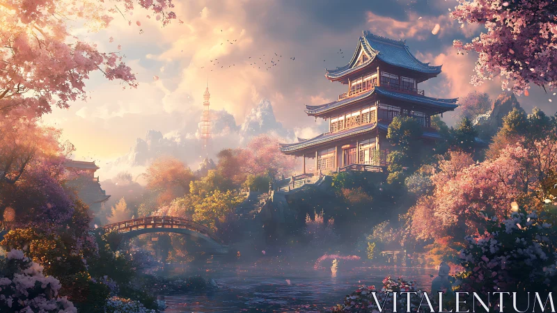 Sunlit multi-tier pagoda amid spring blossom valley and river