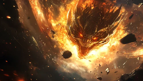 Fiery dragon head emerging from swirling molten flames.
