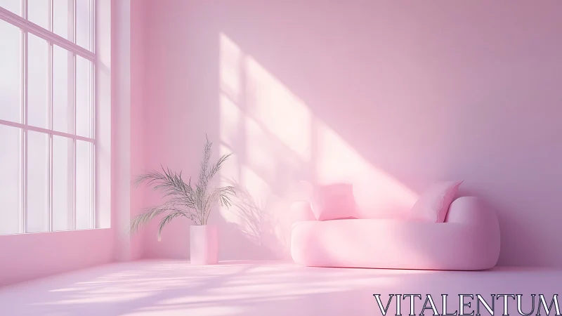 Monochrome pink minimal interior with volumetric daylight rendering.