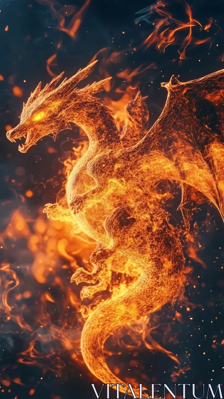 Flaming wireframe dragon erupts from swirling embers
