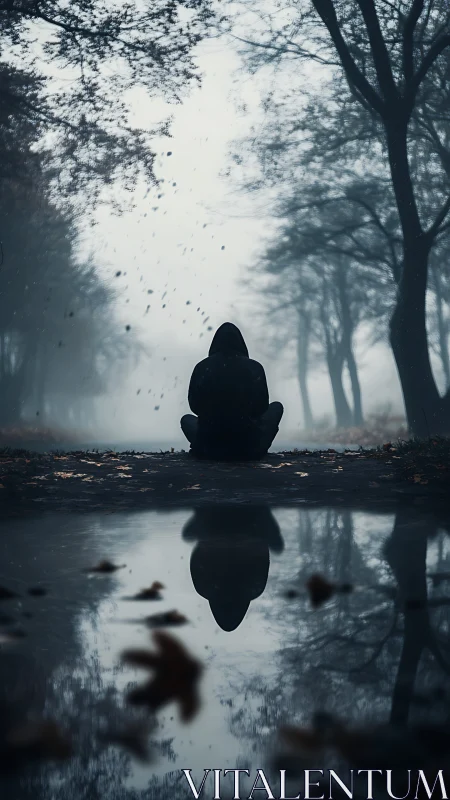 Solitary hooded figure reflects beside misted forest pool.