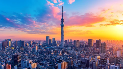 Sunset skyline with central communications tower over dense city