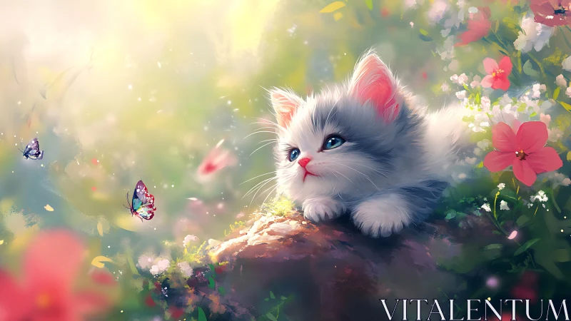 Fluffy White Kitten in Blooming Garden with Butterflies.