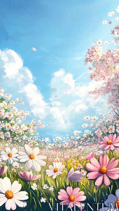 Pastel wildflower meadow under bright spring sky.