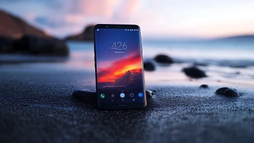 Smartphone Displaying Sunset Wallpaper on Beach Sand.
