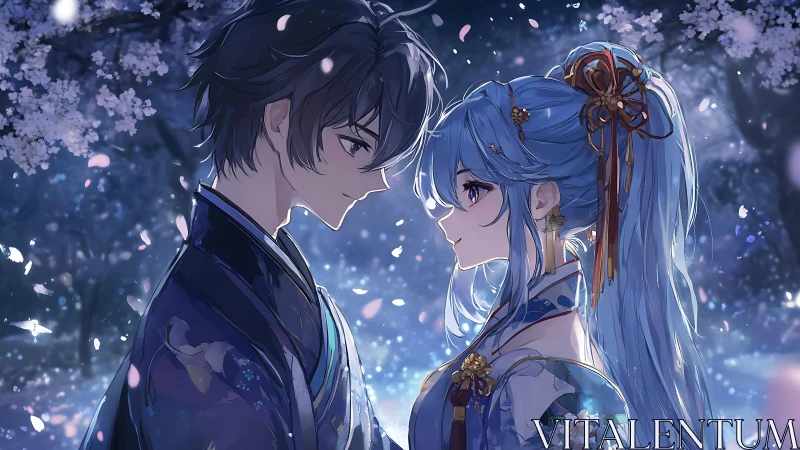 Starry night lovers share a soft gaze beneath cherry blossoms